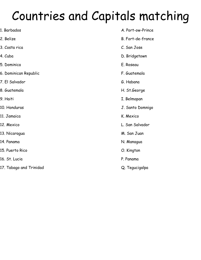 Countries and Capitals matching  Worksheet