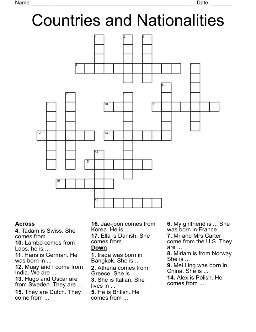 Countries and Nationalities Crossword
