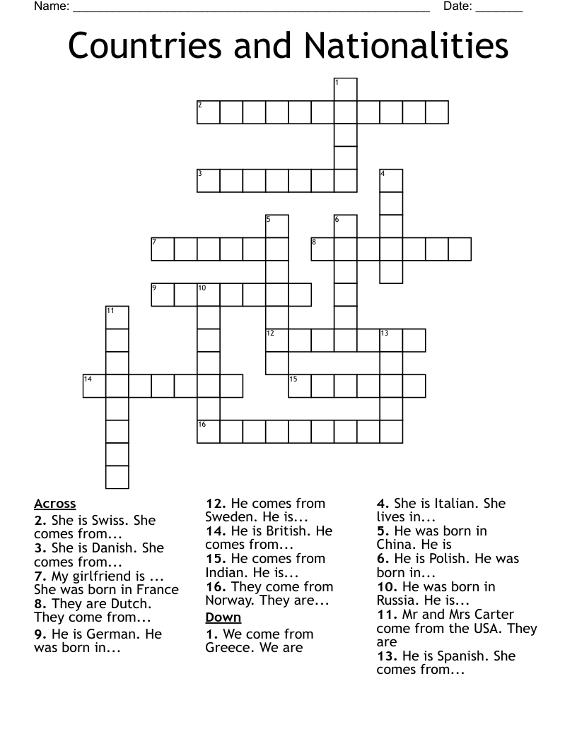 Countries and Nationalities Crossword