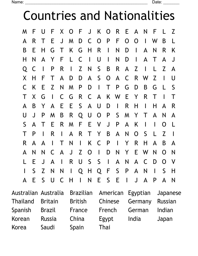 Countries and Nationalities Word Search