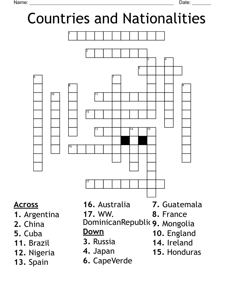 Countries and Nationalities Crossword