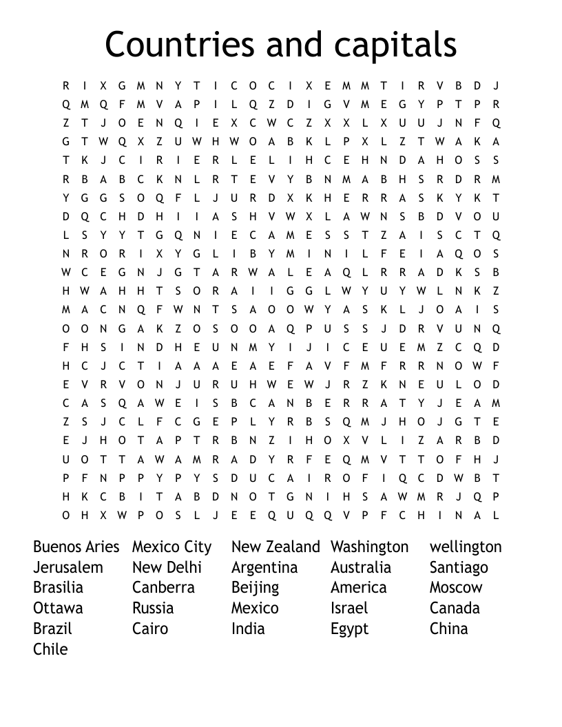 Countries and capitals Word Search