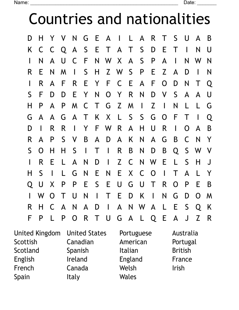 Countries and nationalities  Word Search
