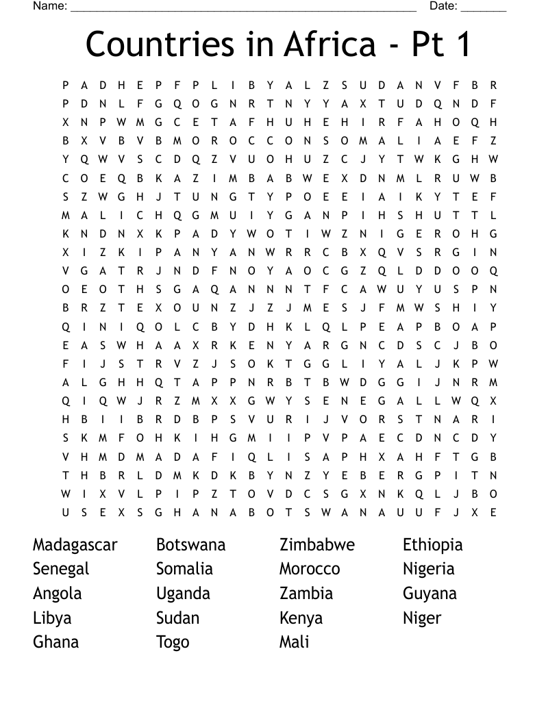 Countries in Africa - Pt 1 Word Search