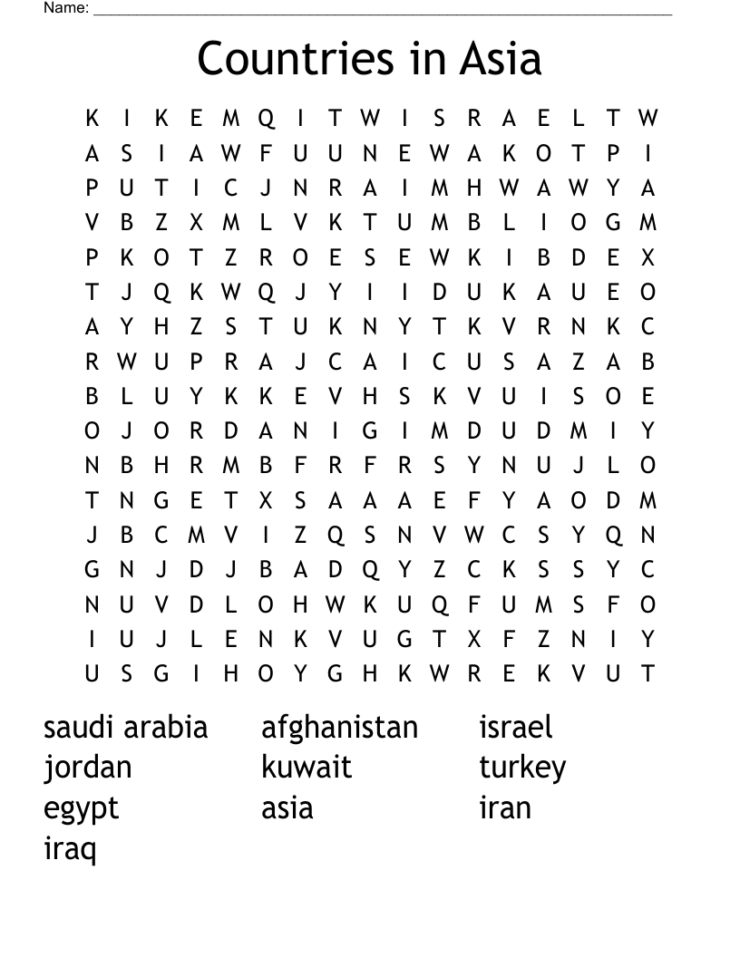 Countries in Asia Word Search