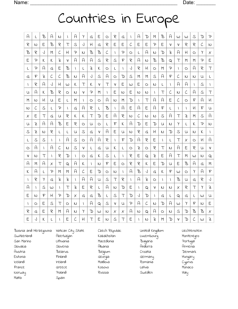 Countries in Europe Word Search