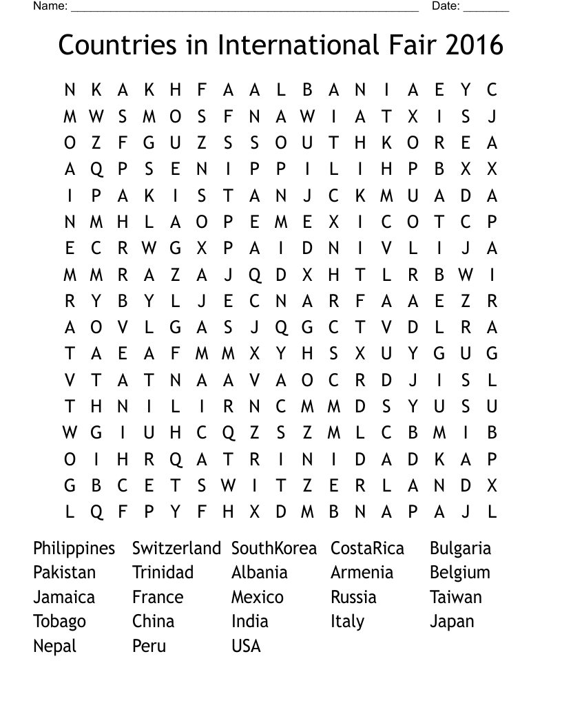 Countries in International Fair 2016 Word Search