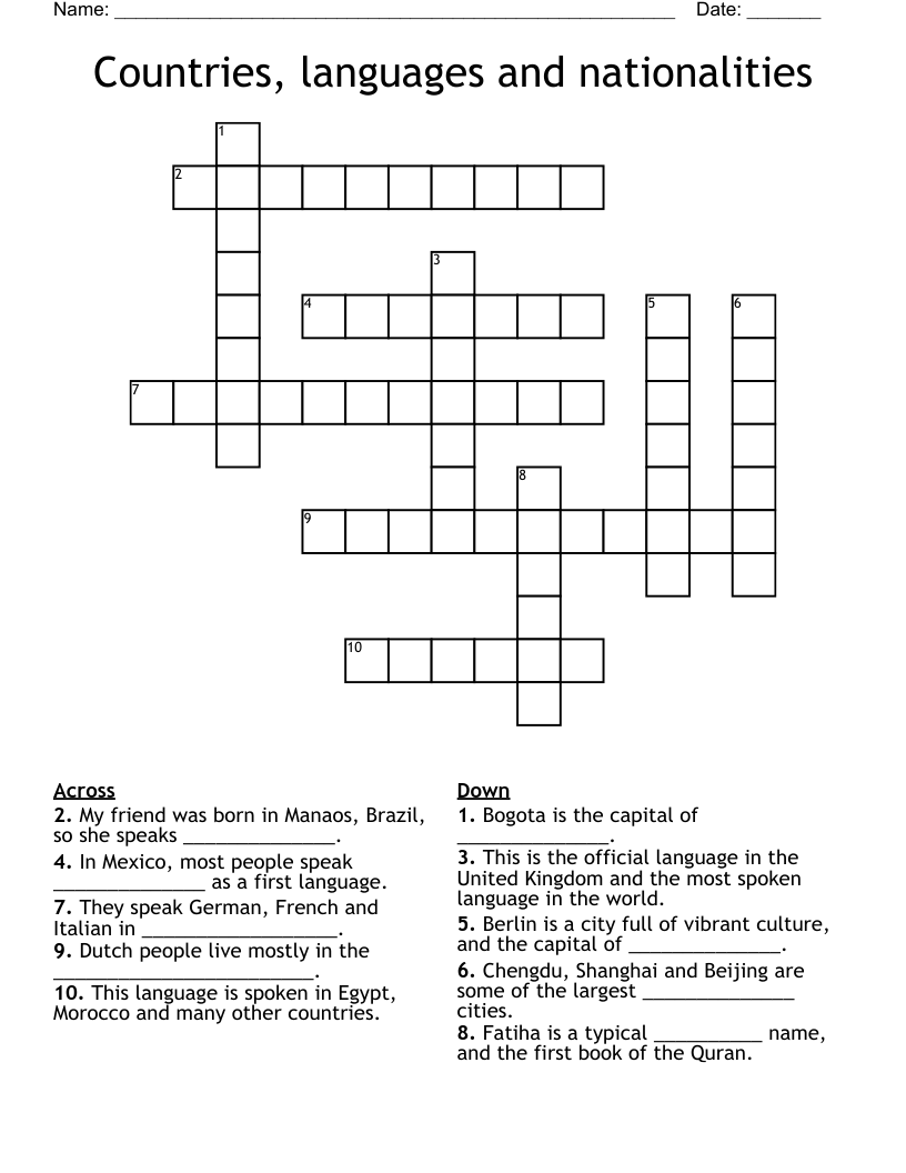 Countries, languages and nationalities Crossword