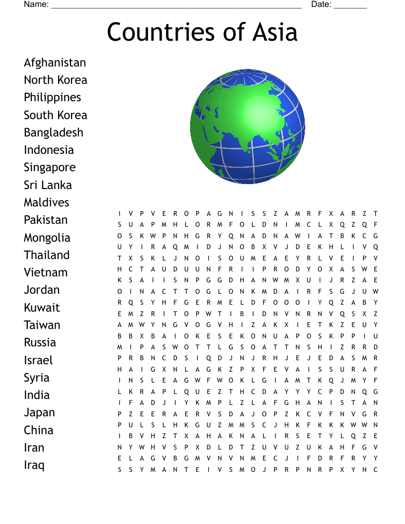 Countries of Asia Word Search