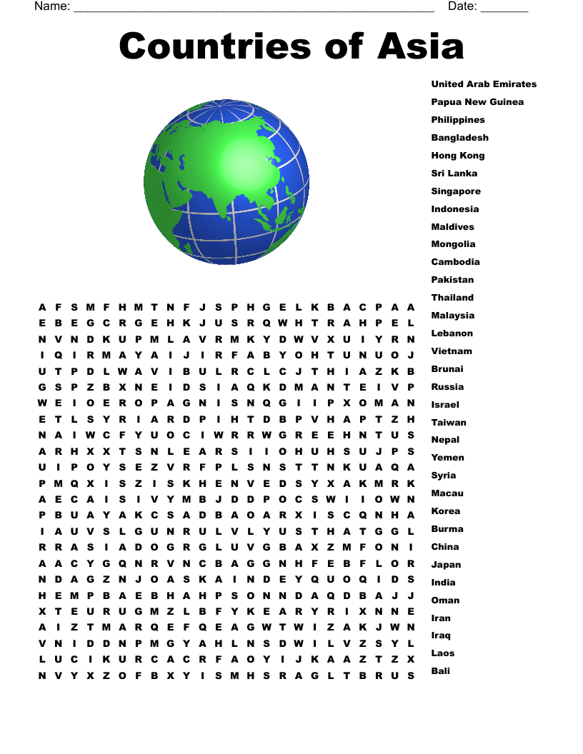 Countries of Asia Word Search