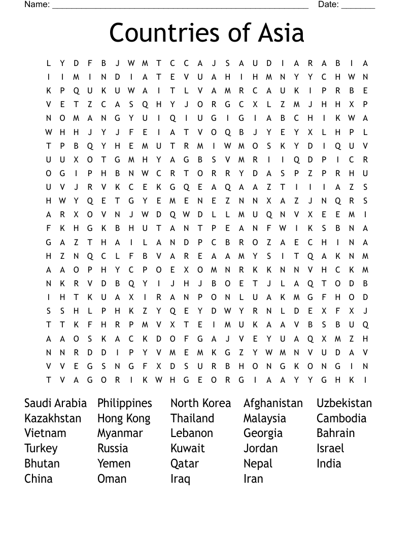 Countries of Asia Word Search
