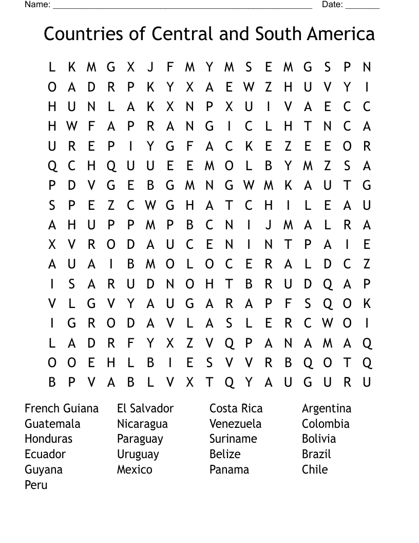 Countries of Central and South America Word Search