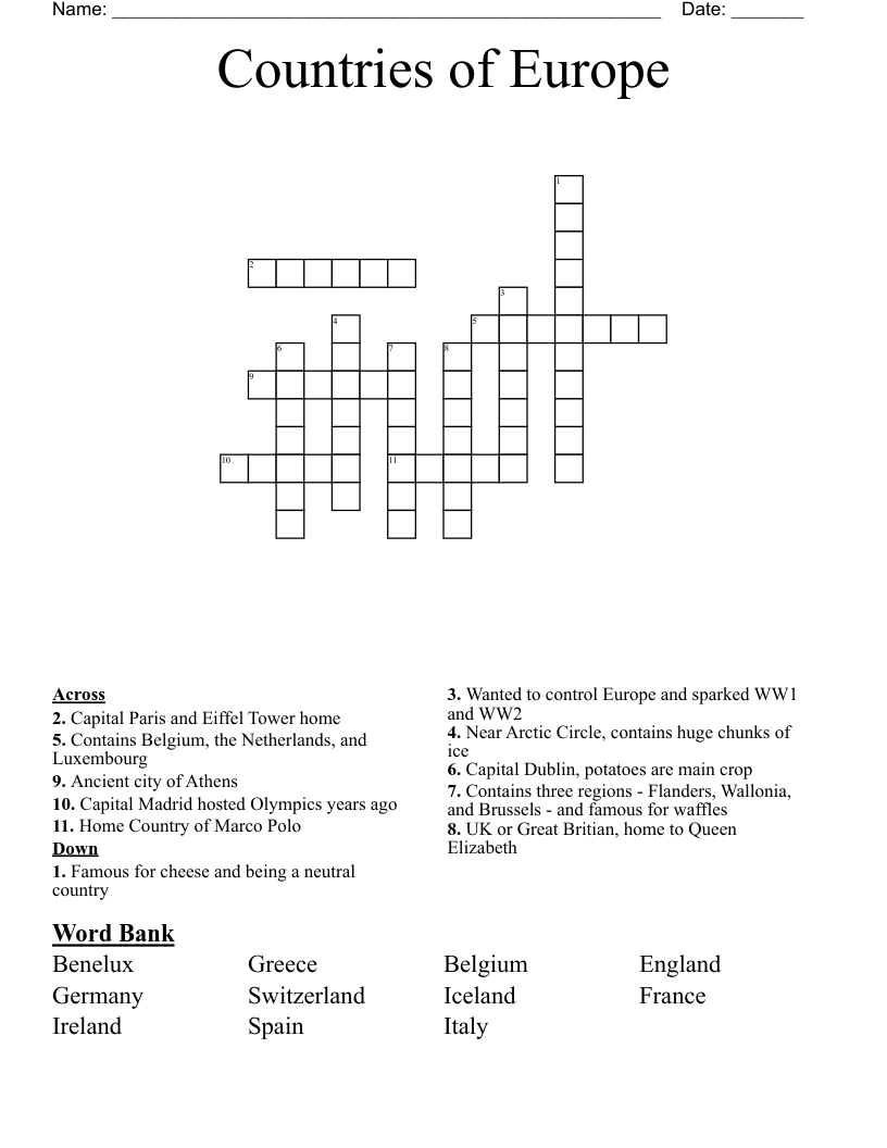 Countries of Europe Crossword