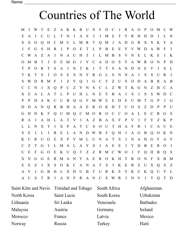 Countries of The World Word Search