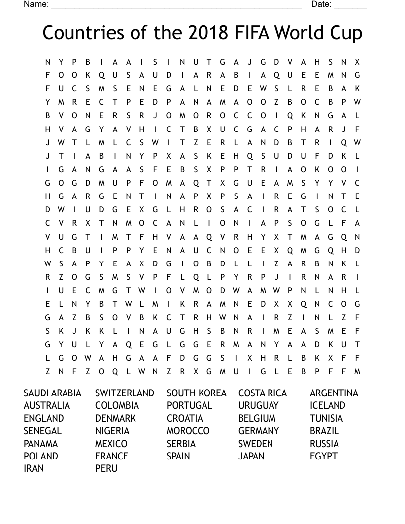 Countries of the 2018 FIFA World Cup Word Search