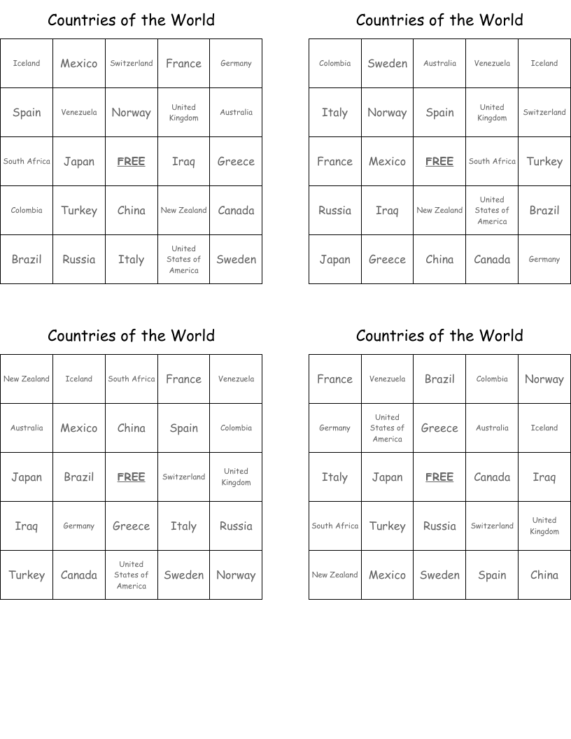 Countries of the World Bingo Cards