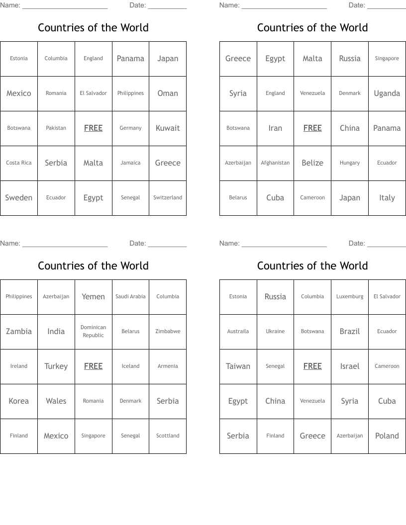 Countries of the World Bingo Cards