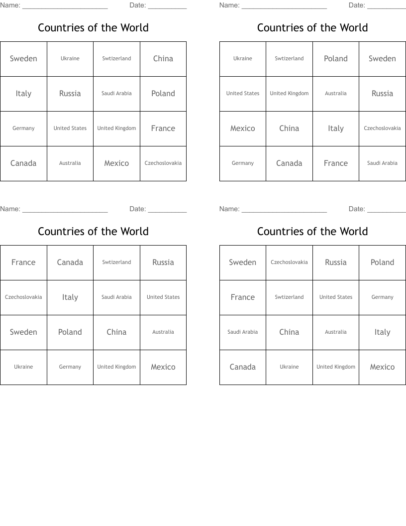 Countries of the World Bingo Cards