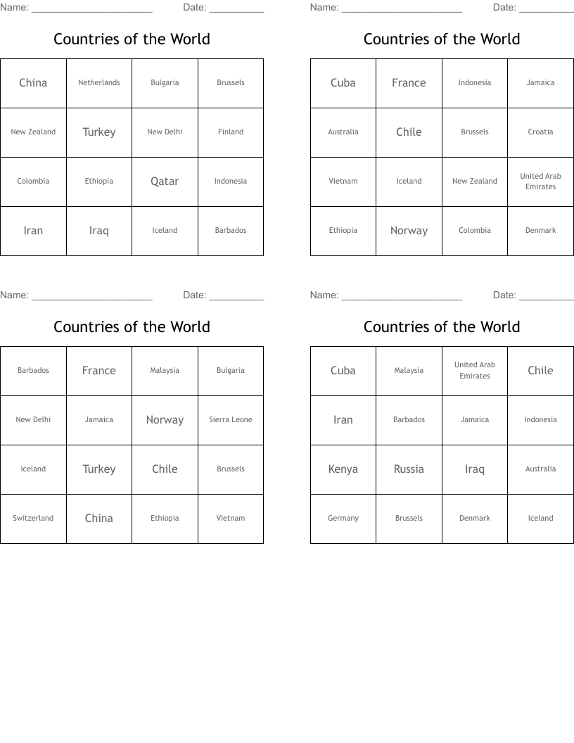 Countries of the World Bingo Cards