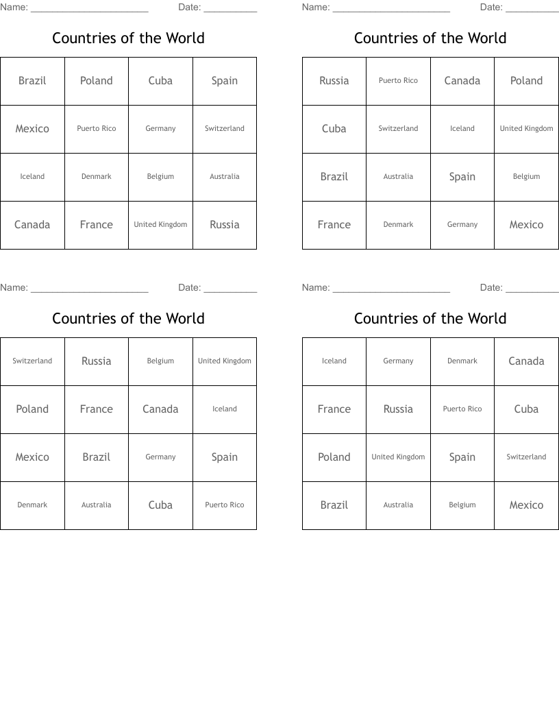 Countries of the World Bingo Cards