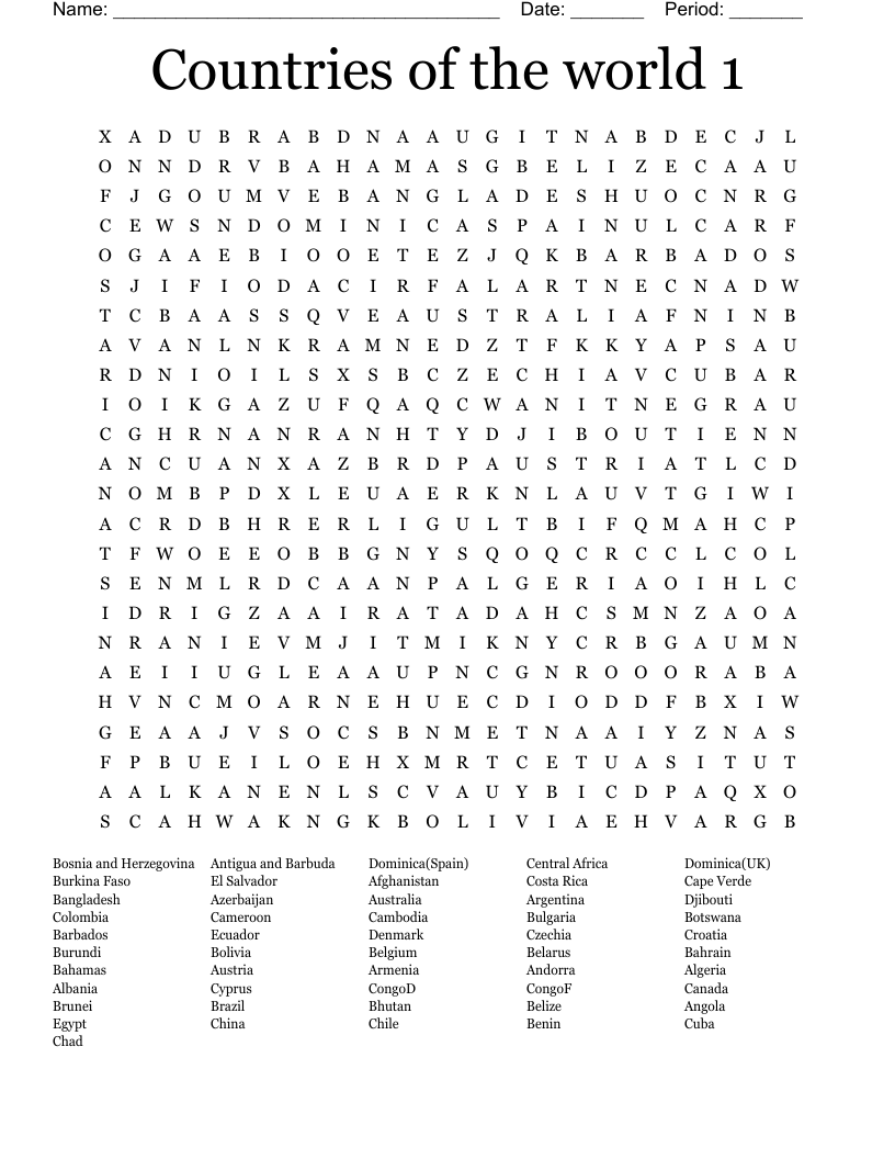 Countries of the world 1 Word Search