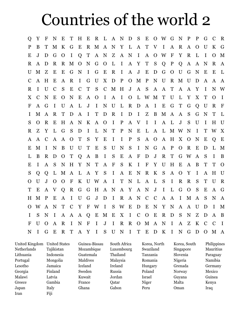 Countries of the world 2 Word Search