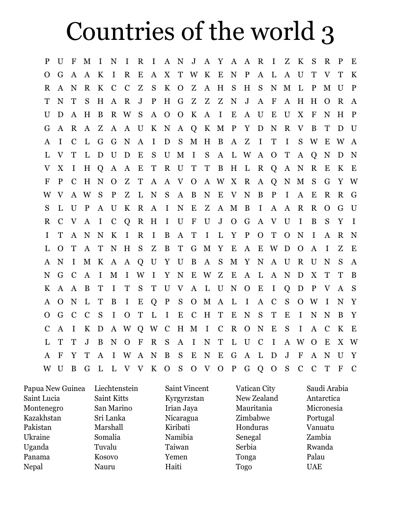 Countries of the world 3 Word Search
