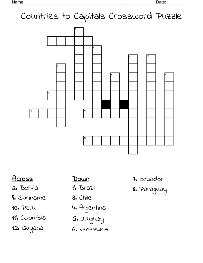 Countries to Capitals Crossword Puzzle
