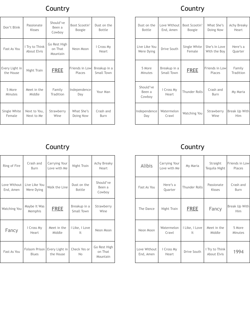 Country Bingo Cards