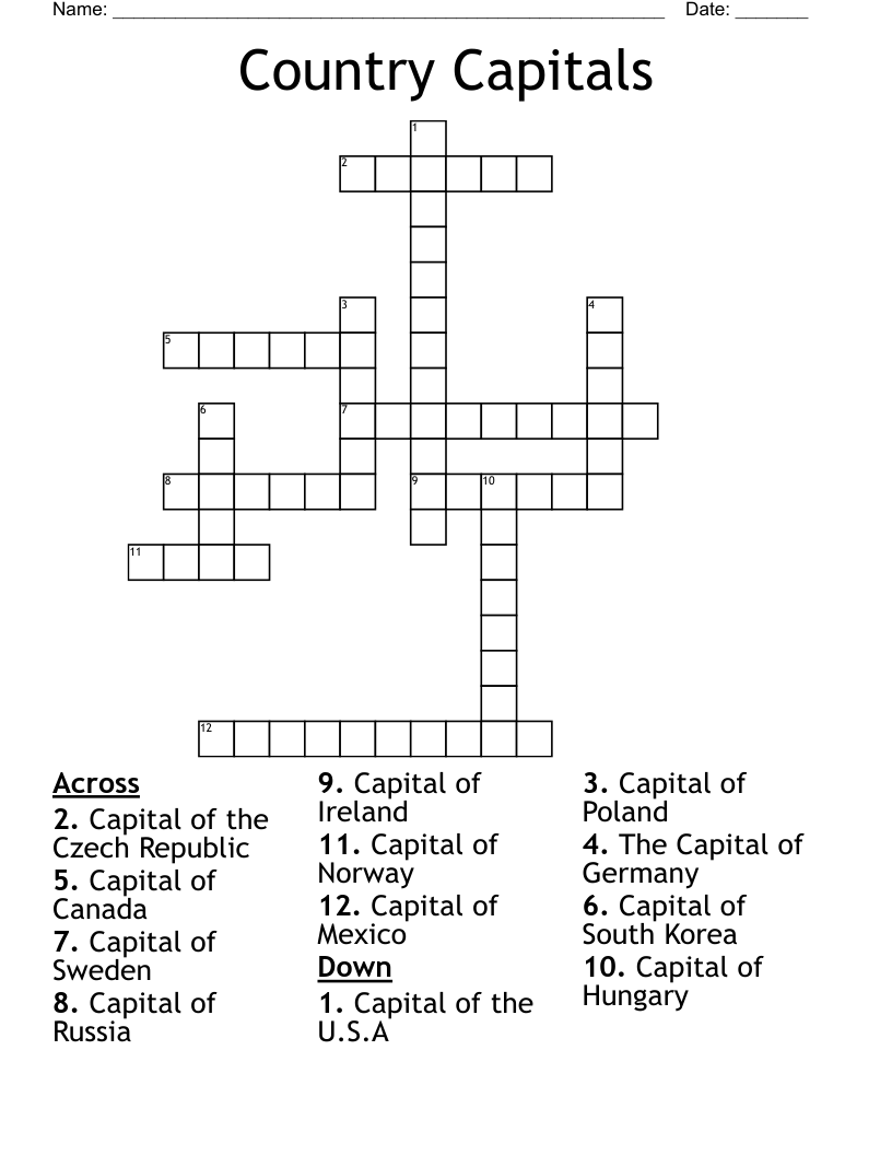 Country Capitals Crossword