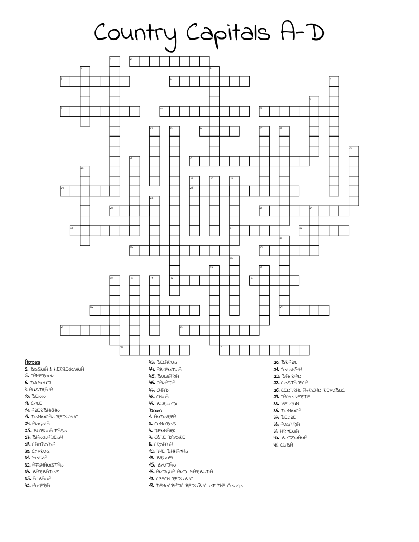 Country Capitals A-D Crossword