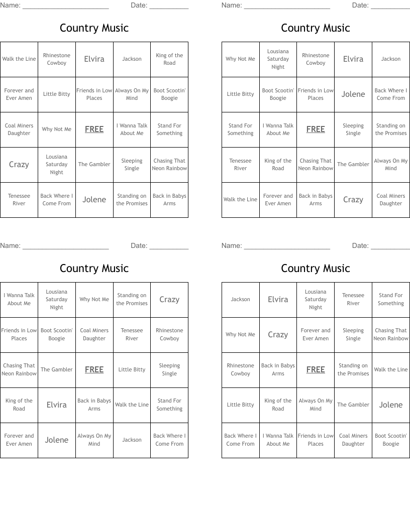 Country Music Bingo Cards