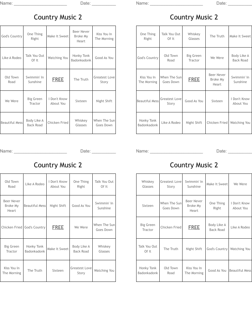 Country Music 2 Bingo Cards