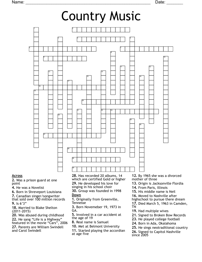 Country Music Crossword