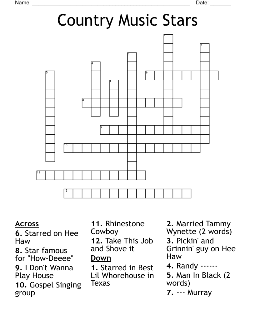 Country Music Stars Crossword