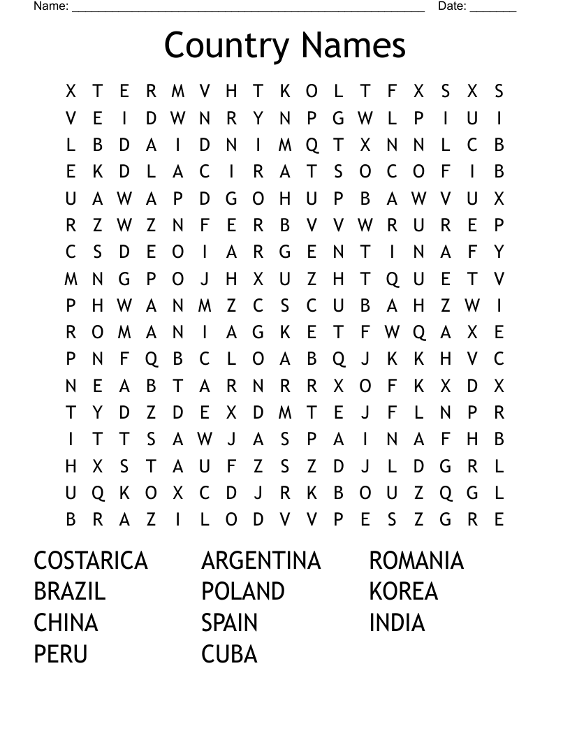 Country Names Word Search