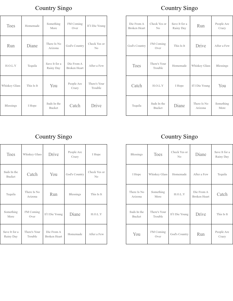 Country Singo Bingo Cards