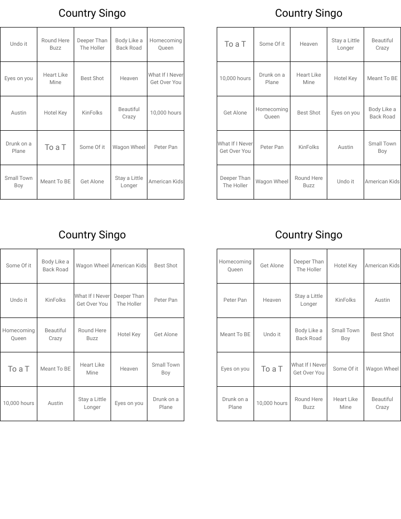 Country Singo Bingo Cards