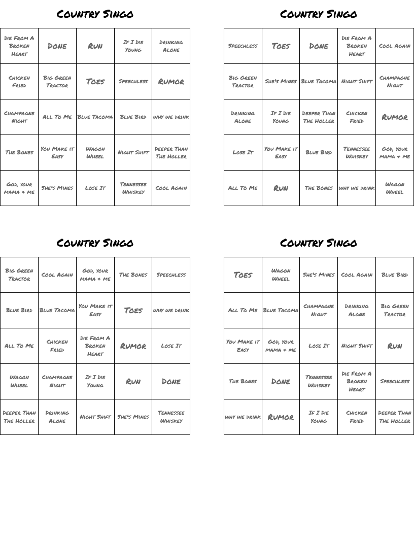 Country Singo  Bingo Cards