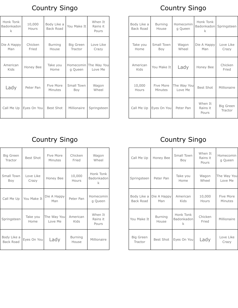 Country Singo  Bingo Cards