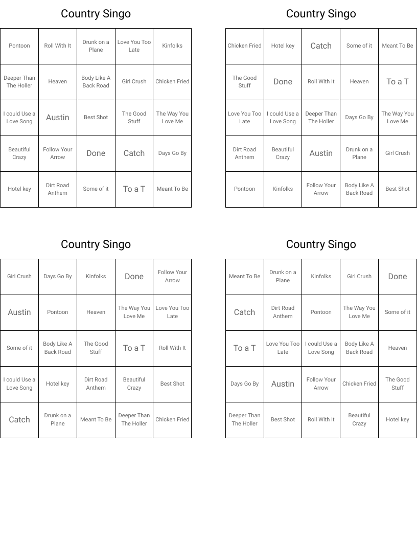 Country Singo  Bingo Cards