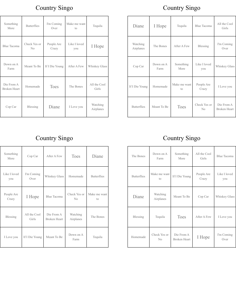 Country Singo  Bingo Cards