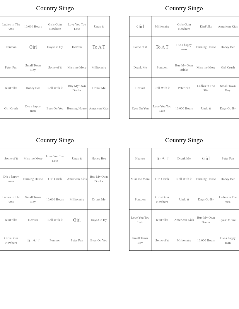 Country Singo  Bingo Cards