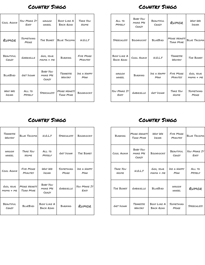 Country Singo  Bingo Cards