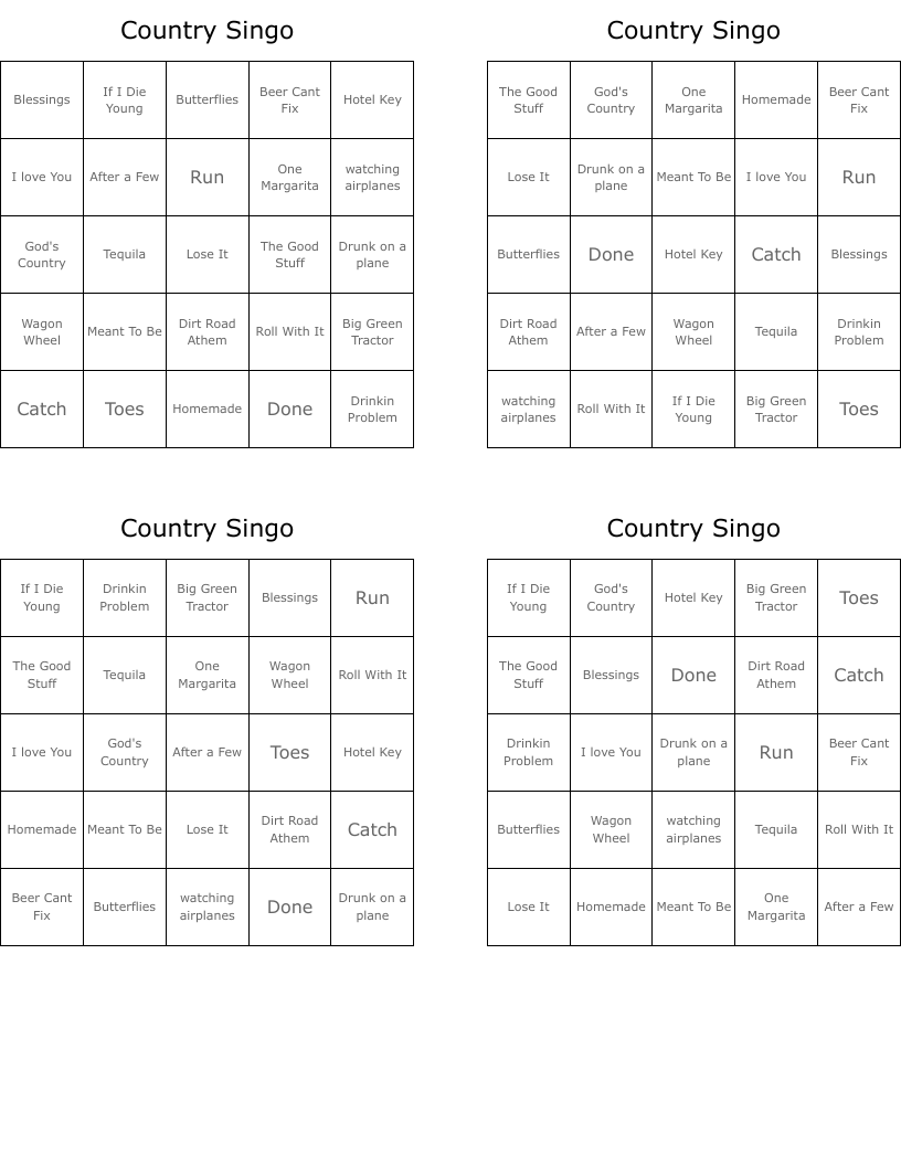 Country Singo  Bingo Cards