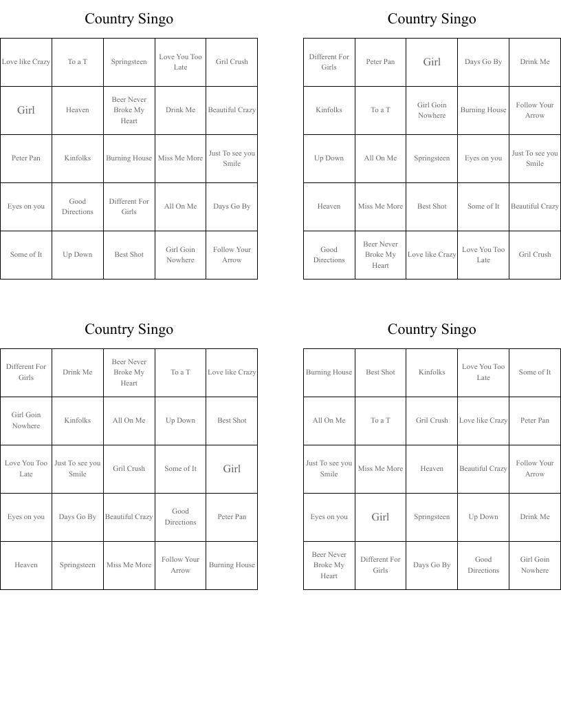 Country Singo  Bingo Cards