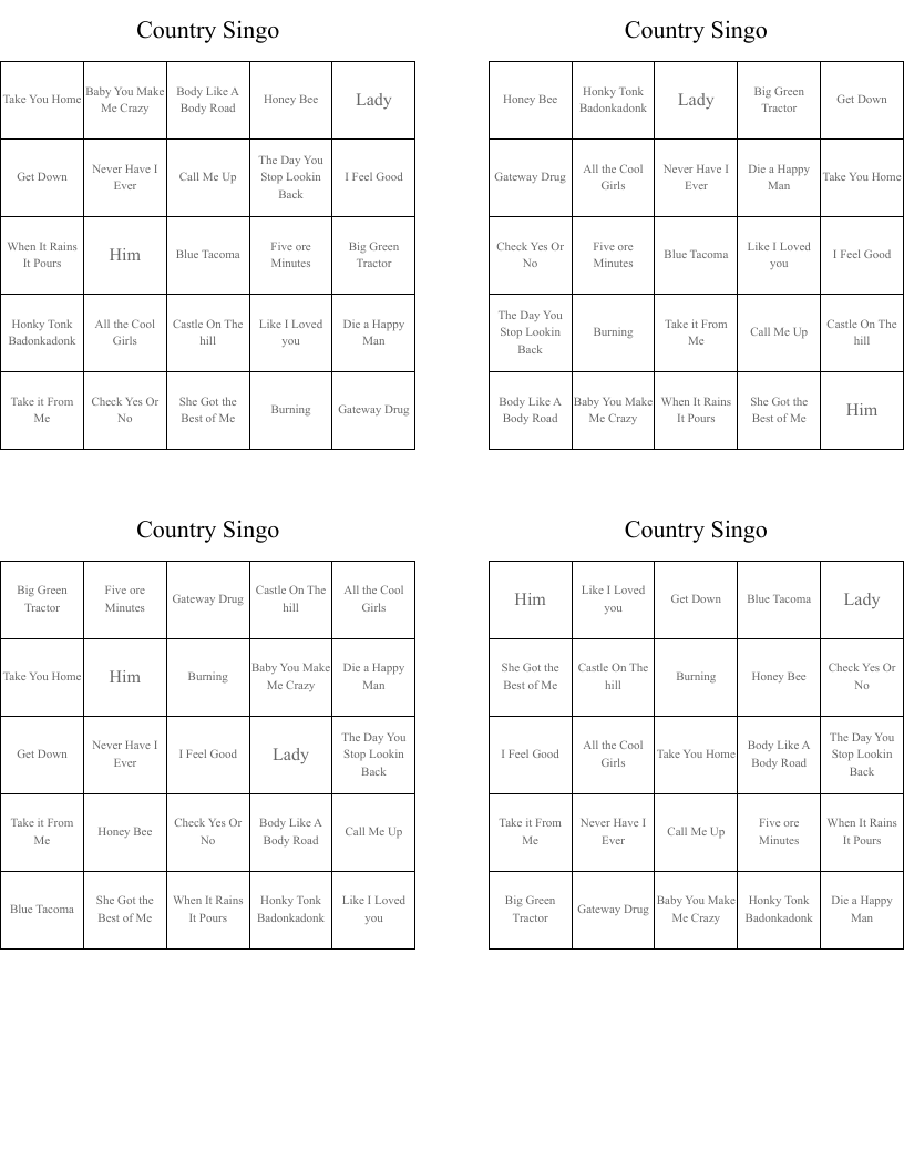 Country Singo  Bingo Cards