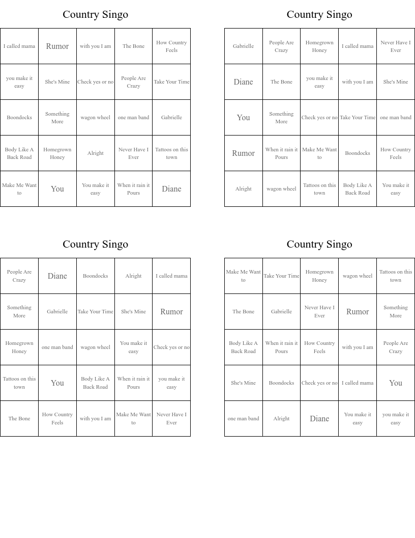Country Singo  Bingo Cards