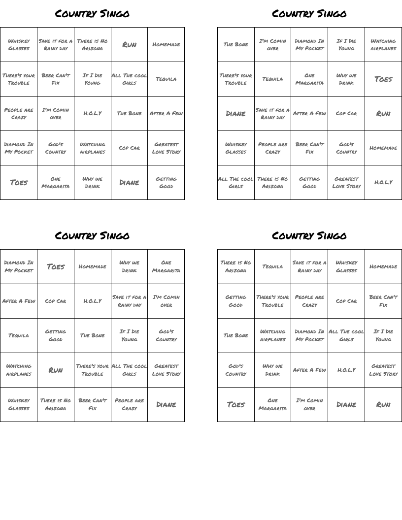 Country Singo  Bingo Cards