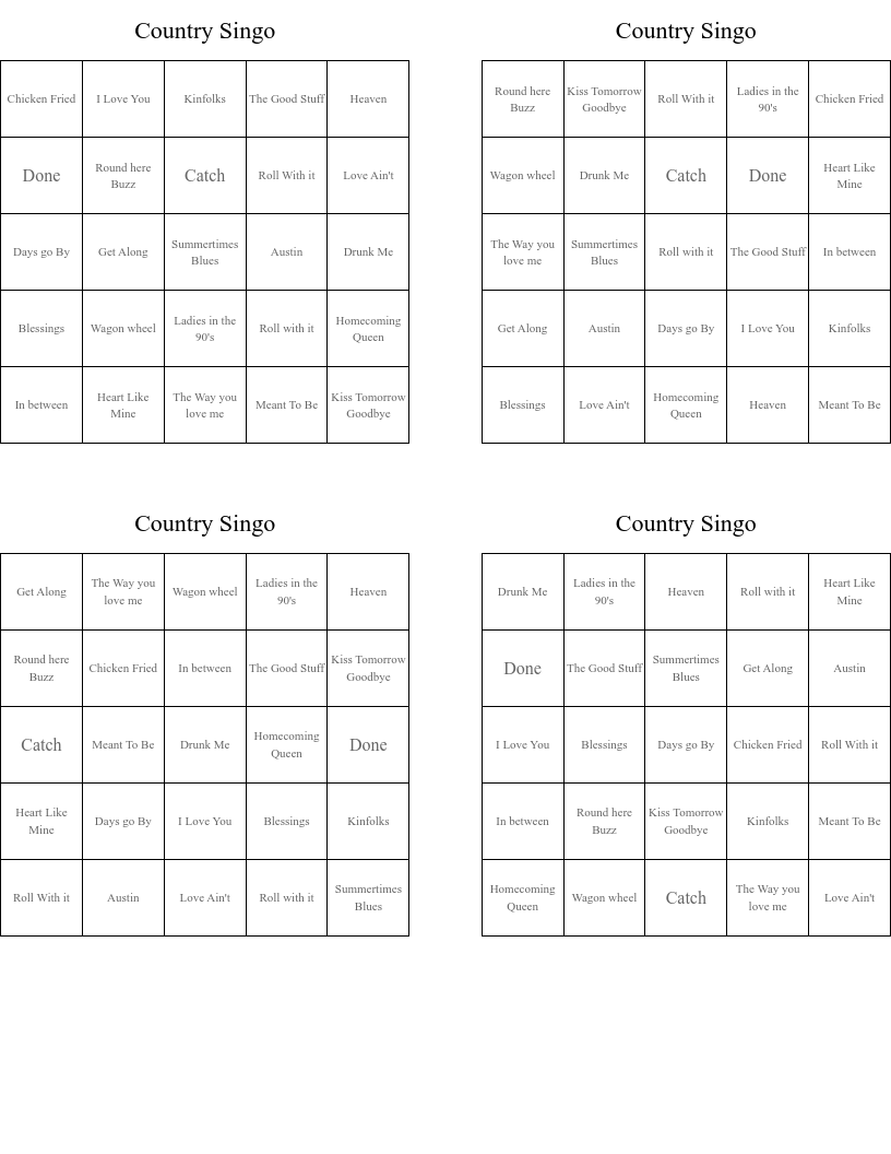 Country Singo  Bingo Cards